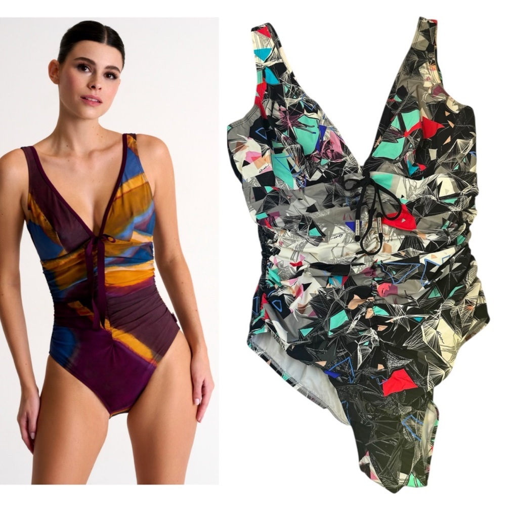 SHAN Classic Abstract Print Logo Draped Ties Ruched Swimsuit V Shaping Slim 16